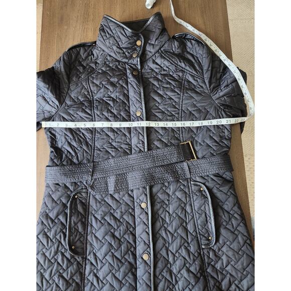 Cole Haan Quilted Coat Black Belted Trench Jacket W/ Lamb Skin Trim Women's L - Picture 8 of 9